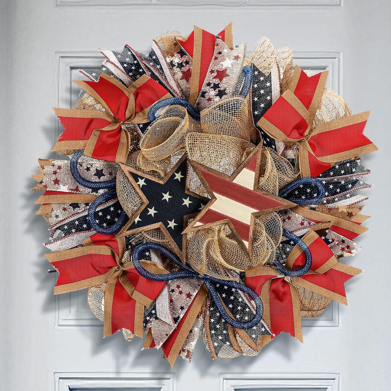 Rustic Patriotic Wreath for Front Door 14 Inch 4th of July Red White Blue Star American Flag